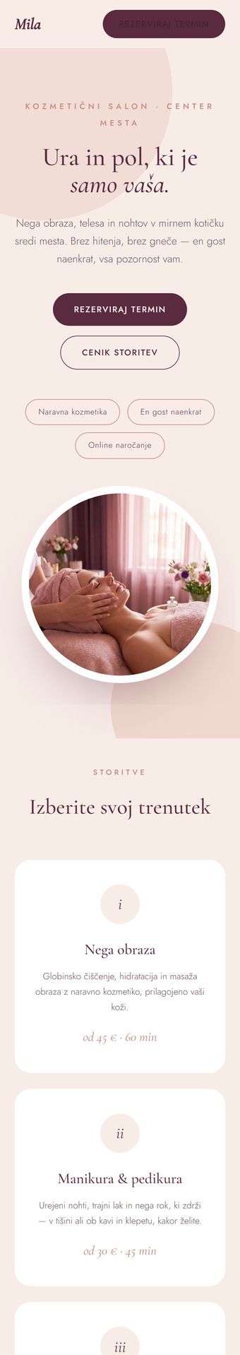 Mobilni dizajn spletne strani za kozmetični salon — Salon Mila